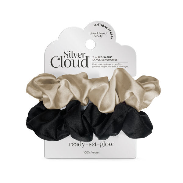 Silver Cloud satin large scrunchies 2 pack Black Pink (British brand)