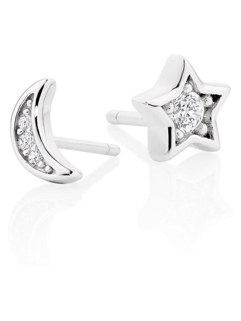 Sterling silver cubic zirconia moon and star stud earrings 7mm (British brand)