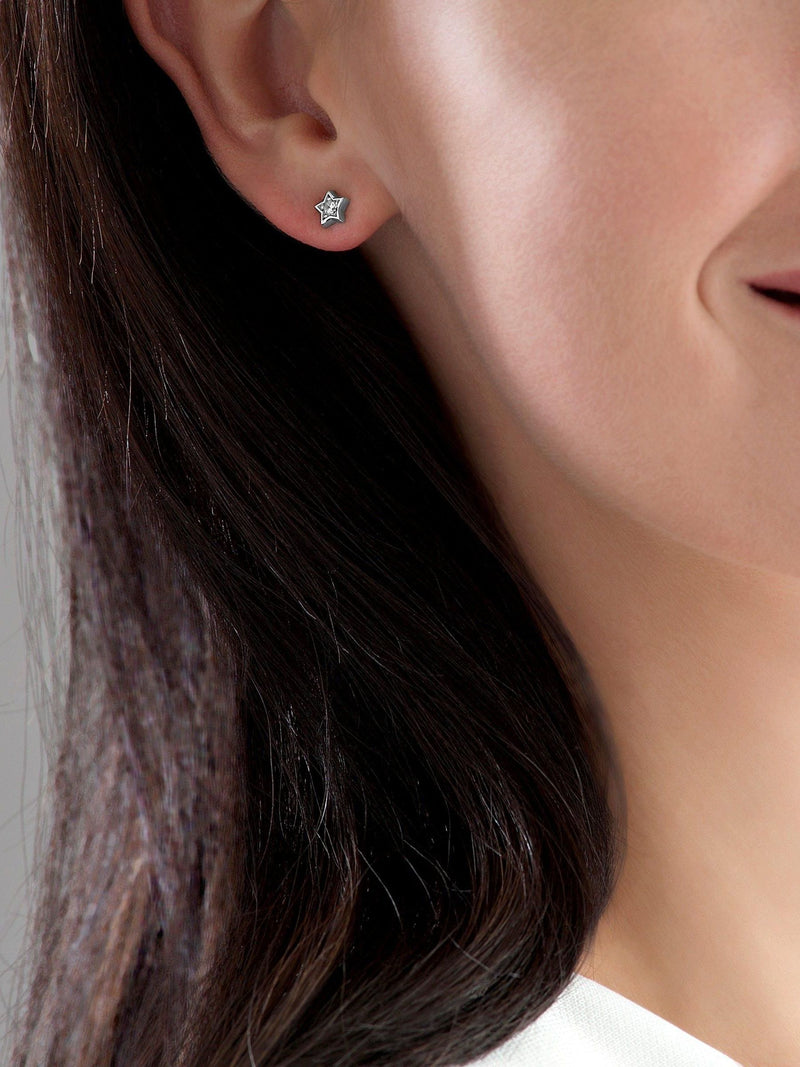 Sterling silver cubic zirconia moon and star stud earrings 7mm (British brand)
