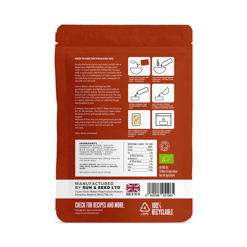 Sun & Seed gluten free focaccia mix tomato oregano 300g (British brand)