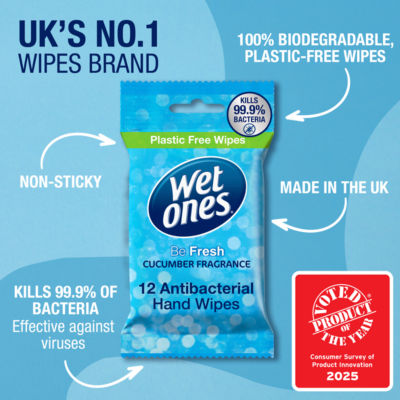 Wet Ones Be Fresh antibacterial hand wipes pack of 12 (British brand)
