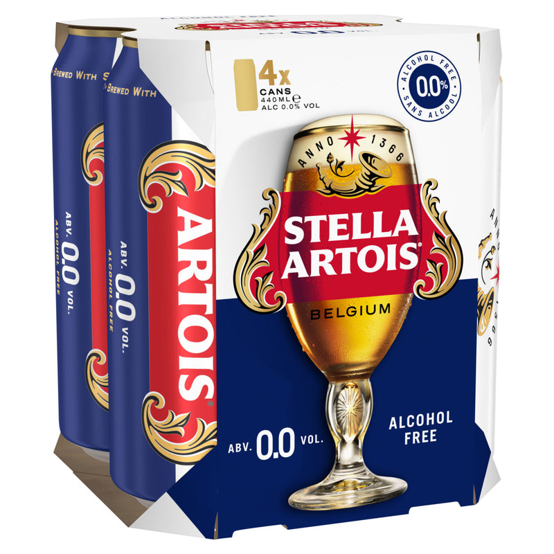 Stella Artois alcohol free premium lager beer cans 4 pack 440ml, UK version