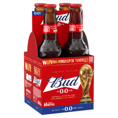 Budweiser Zero non-alcoholic lager 330ml bottles, imported from the UK