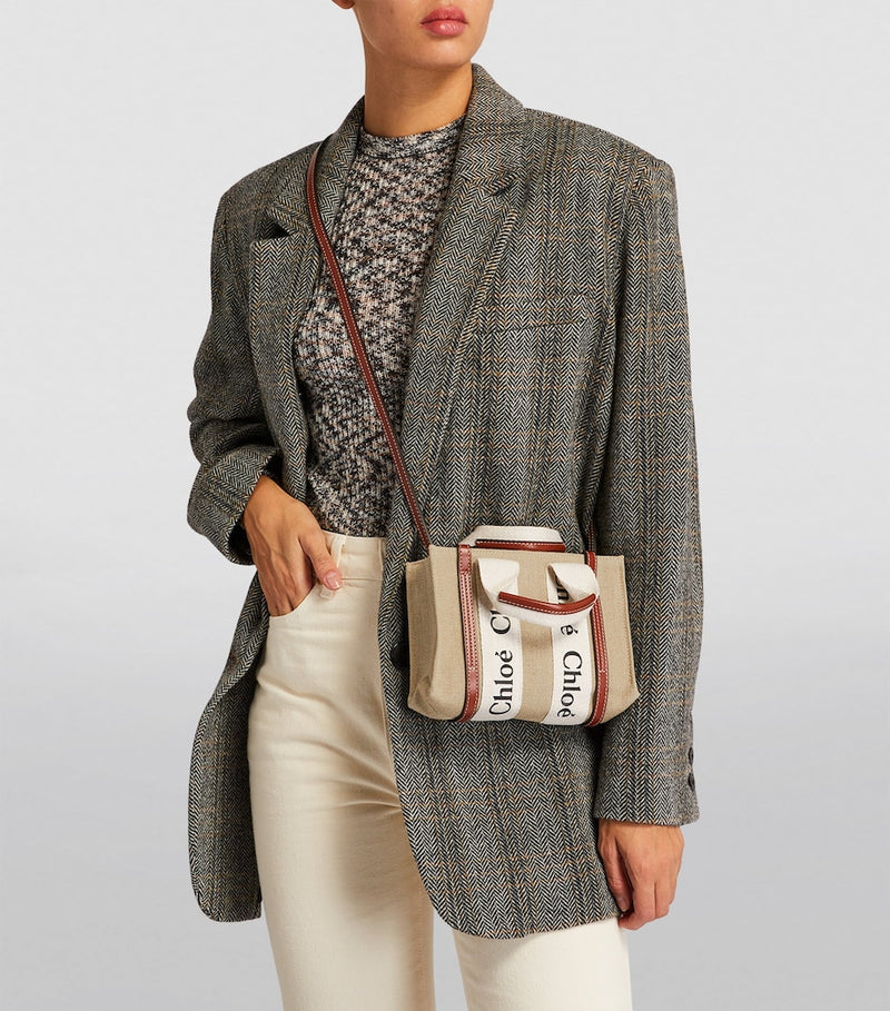 Chloé Mini Woody Tote Bag cotton canvas leather trims, imported from the UK