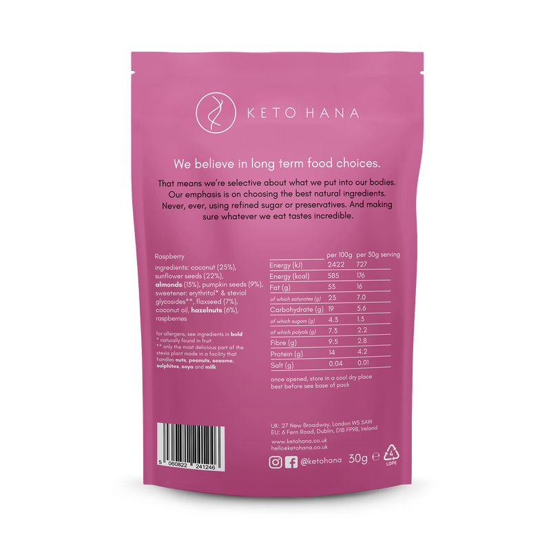 Keto Hana raspberry granola 300g, imported from the UK