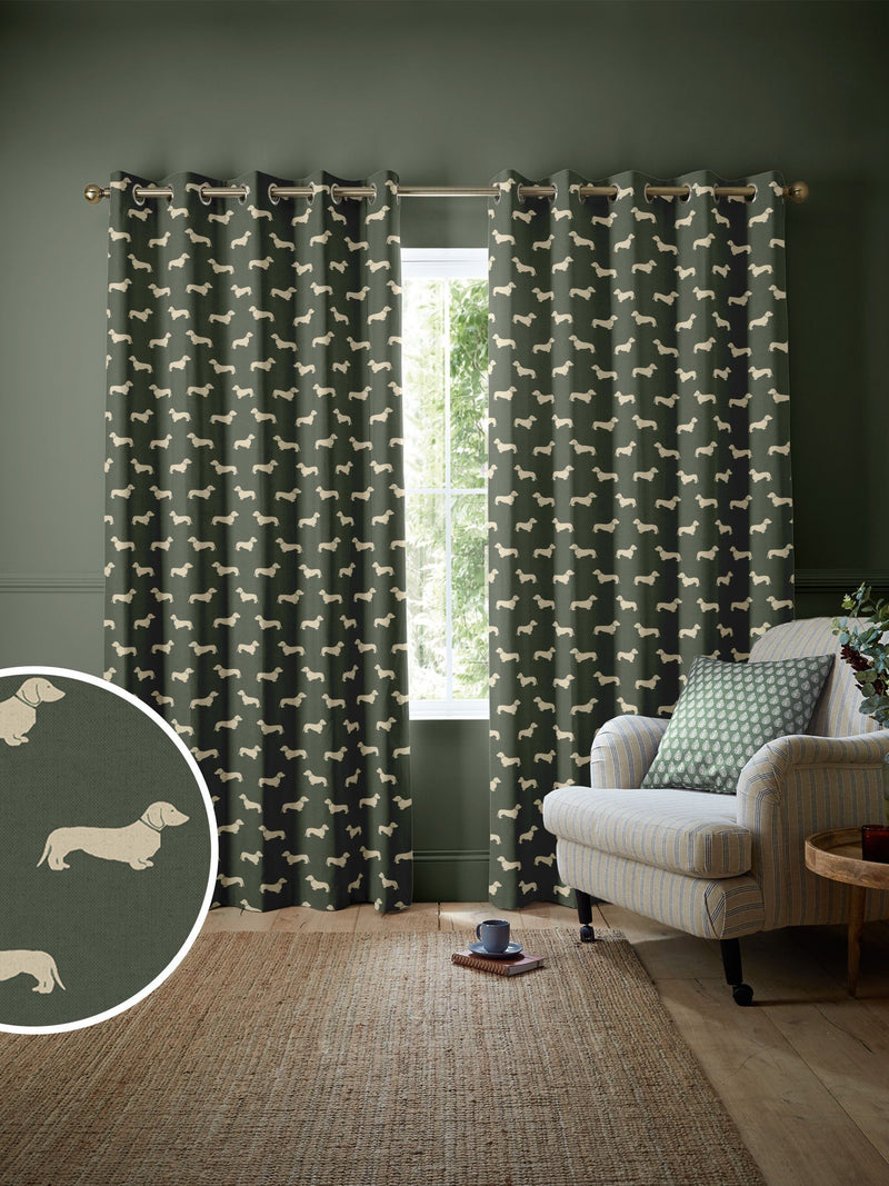 Emily Bond Peggy dachshund curtains fern green (British brand)