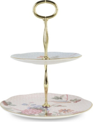 Cuckoo two-tier cake stand in bone china, imported from the UK