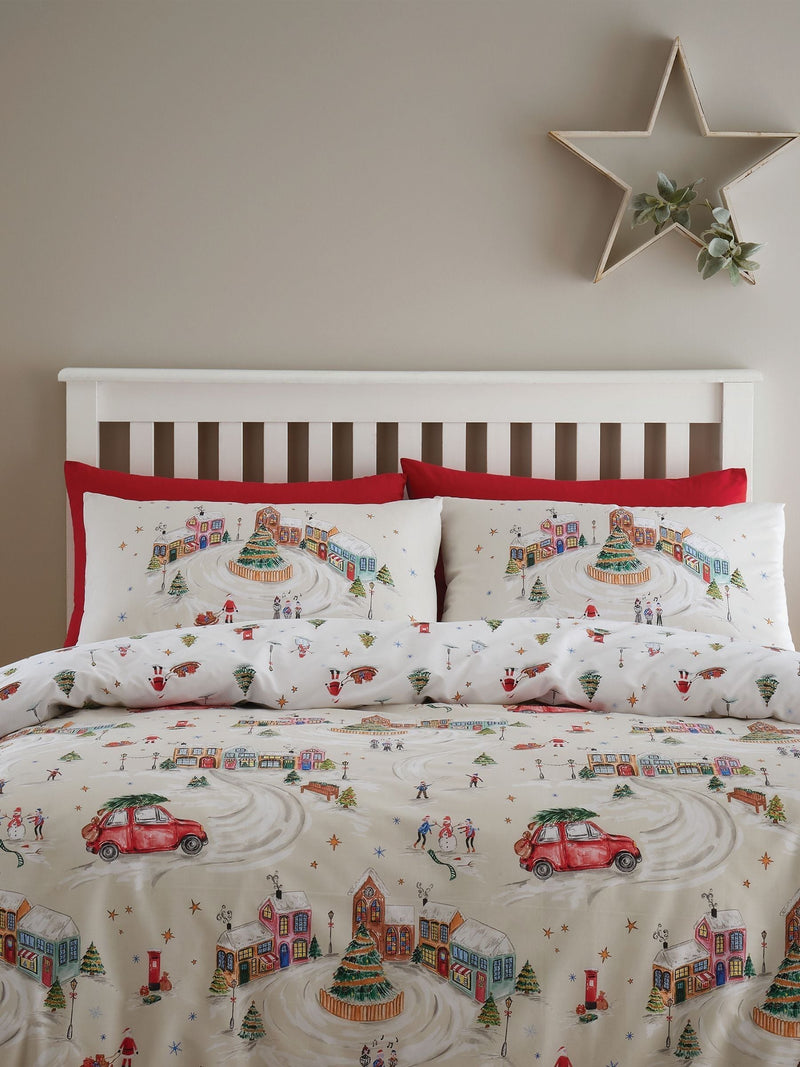 Catherine Lansfield Natural Christmas Town reversible duvet cover set - British product