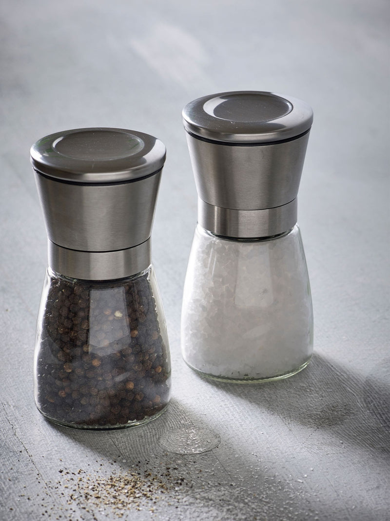 Silver stainless steel salt and pepper set (British brand)