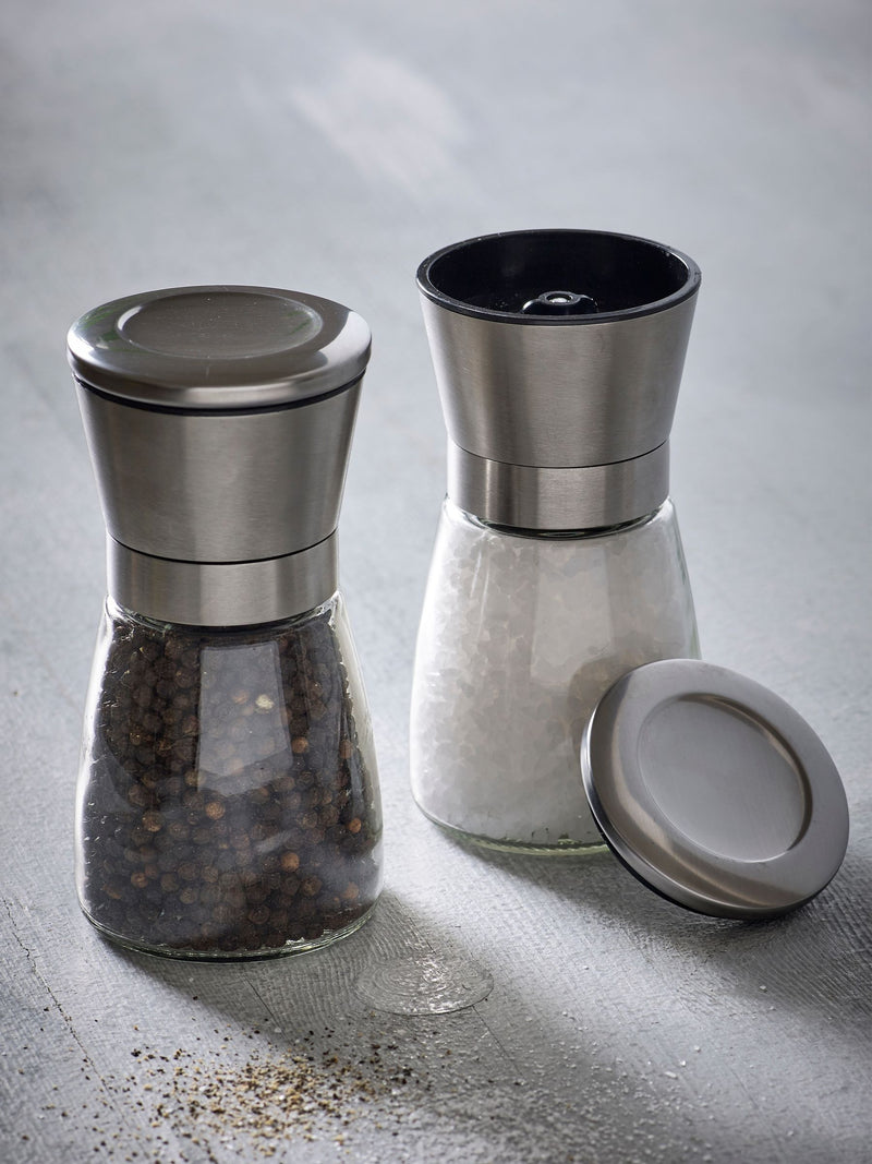 Silver stainless steel salt and pepper set (British brand)