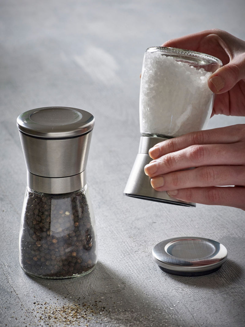 Silver stainless steel salt and pepper set (British brand)