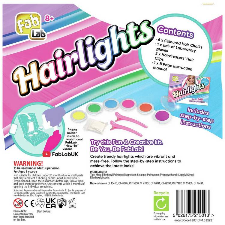 FabLab Hairlights Kids Colour Hair Chalks Kit, UK version
