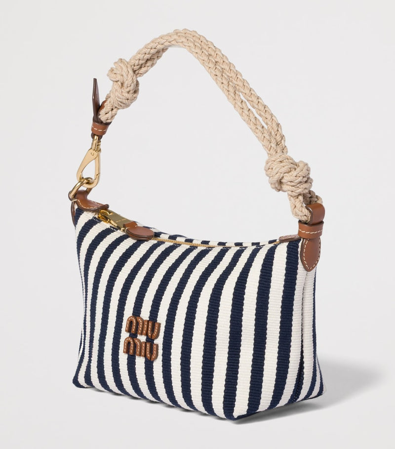 Miu Miu Stripe Logo pouch cotton grosgrain leather trims, imported from the UK