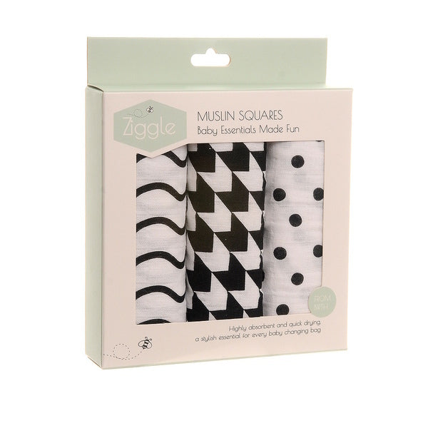 Ziggle Sensory Black & White Muslin Square 3 Pack 70cm (British brand)
