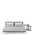 Solid Wood Bed Frame with Brass Inserts and Upholstered Headboard, Approx. 130x214x300cm