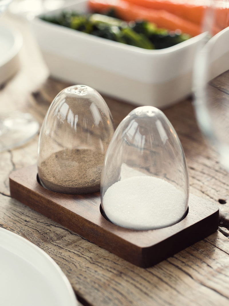 Artisan Street glass salt and pepper shakers in wooden base - British product