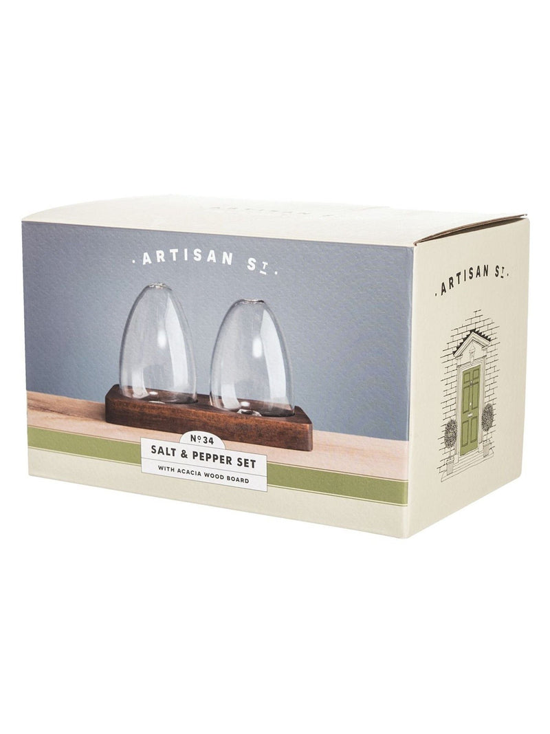 Artisan Street glass salt and pepper shakers in wooden base - British product