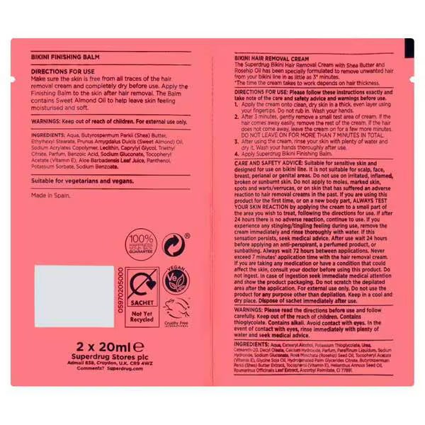 Superdrug Bikini Hair Removal Cream 20ml + 20ml (British brand)