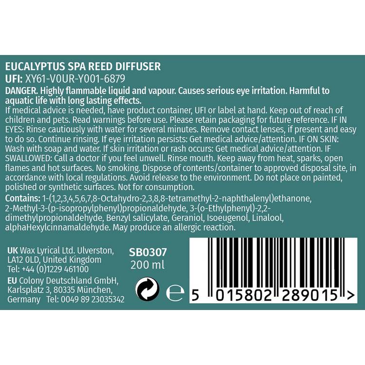 Wax Lyrical reed diffuser refill 200ml Eucalyptus Spa, imported from the UK