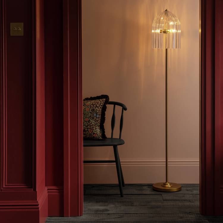 Habitat glass cloche floor lamp with brass stand, imported from the UK
