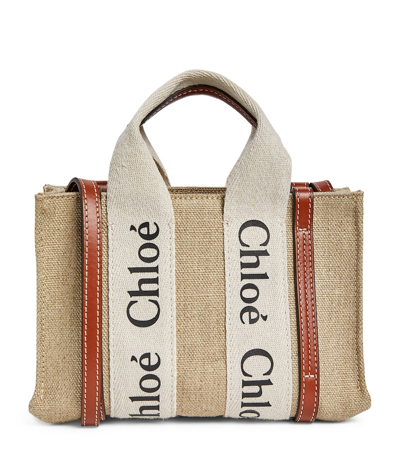 Chloé Mini Woody Tote Bag cotton canvas leather trims, imported from the UK