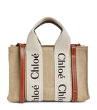 Chloé Mini Woody Tote Bag cotton canvas leather trims, imported from the UK