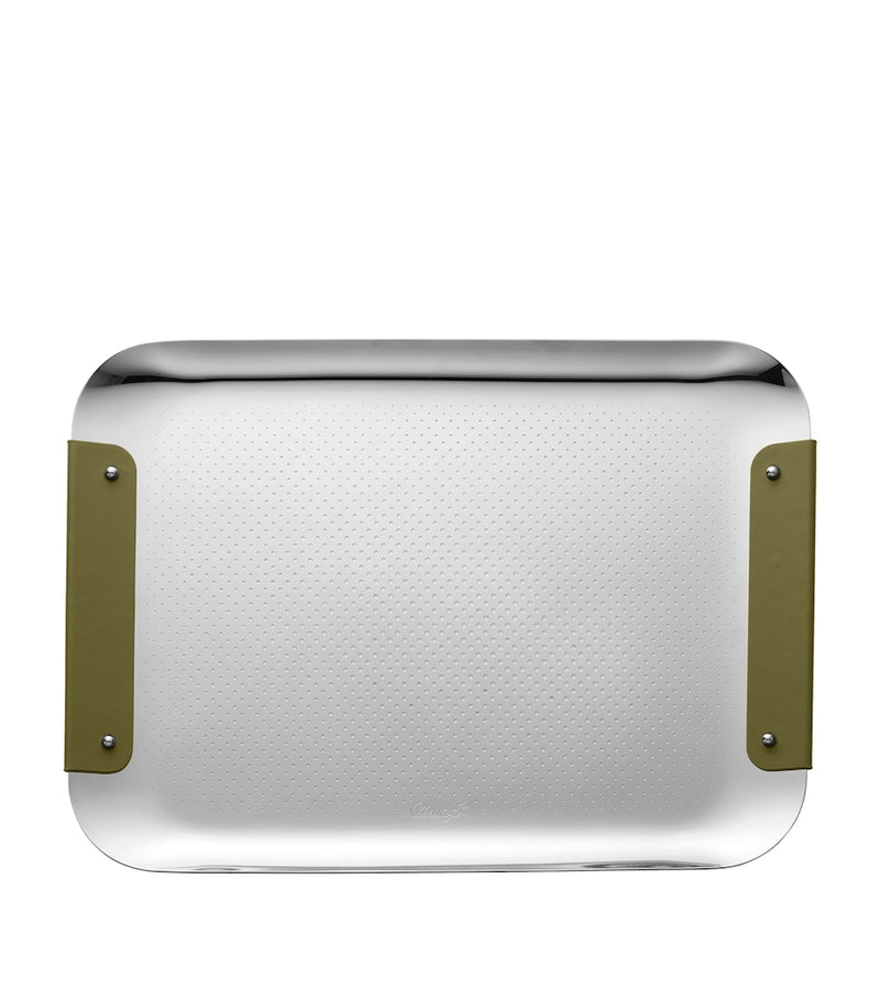 Christofle leather-trim rectangular tray with hammered dot effect 32cm - British product