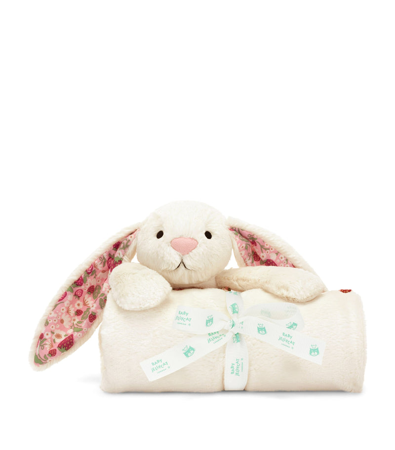 Jellycat Blossom Bunny blankie with strawberry ears, 56cm x 70cm, UK version