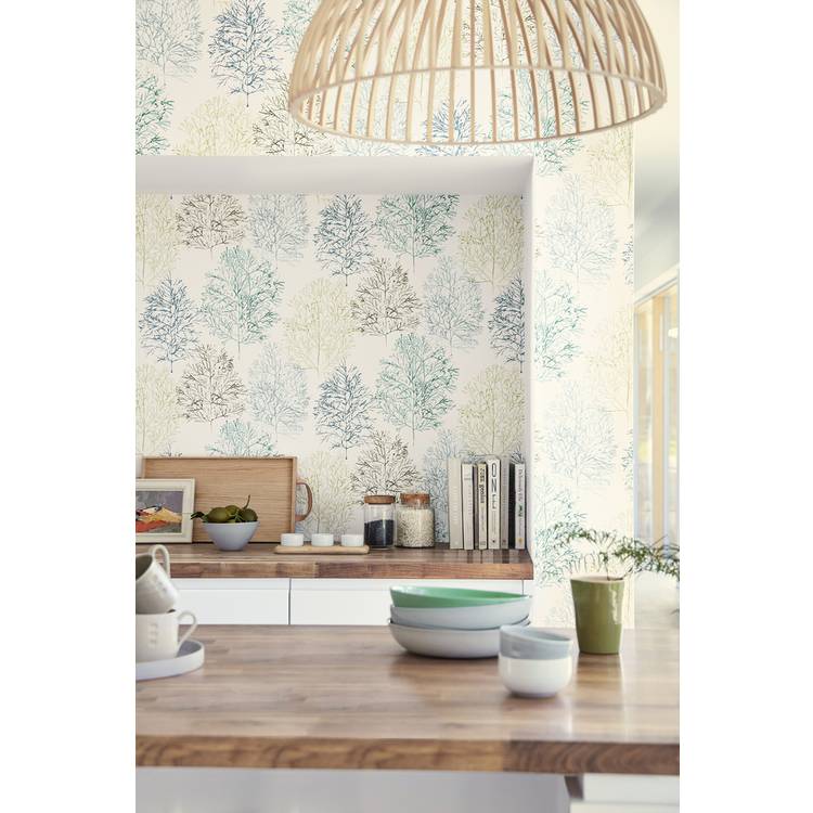 Scion Soetsu abstract tree wallpaper in green, imported from the UK