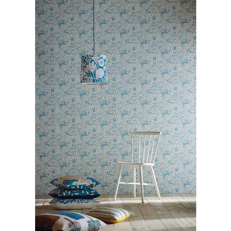 Scion Kelda marine blue wallpaper woodland deer scene - British product