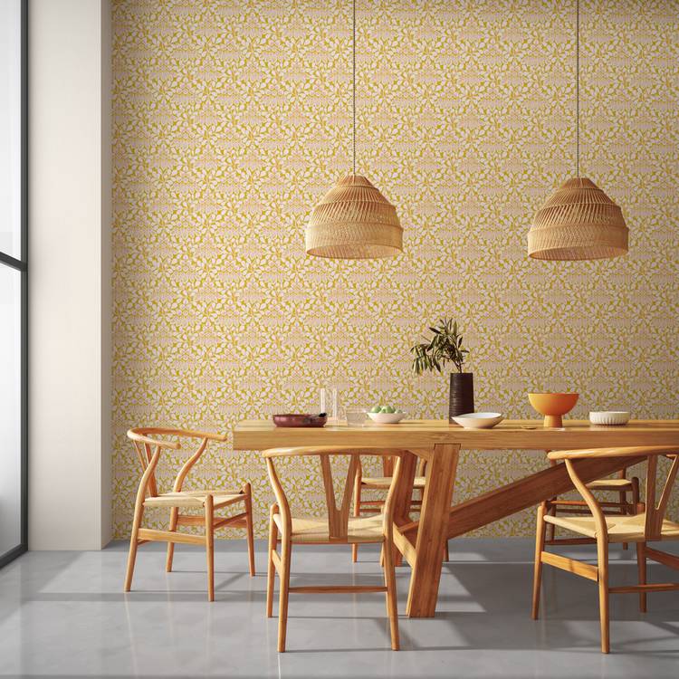 Scion Elsa yellow floral Arts & Crafts wallpaper, imported from the UK