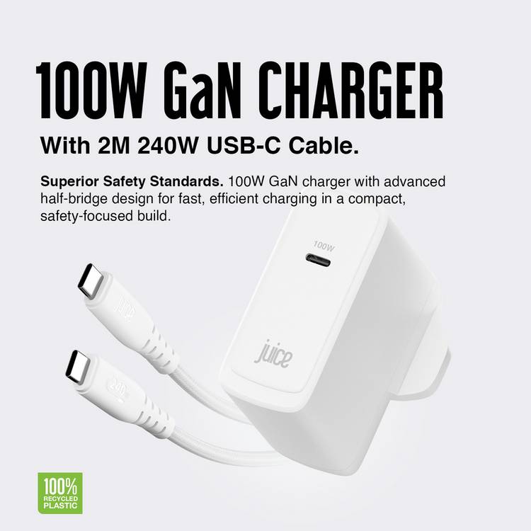 Juice 100W GaN USB-C laptop charger with 2m cable - British product