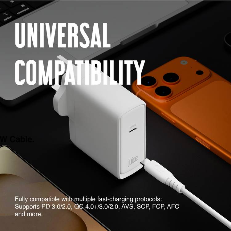 Juice 100W GaN USB-C laptop charger with 2m cable - British product