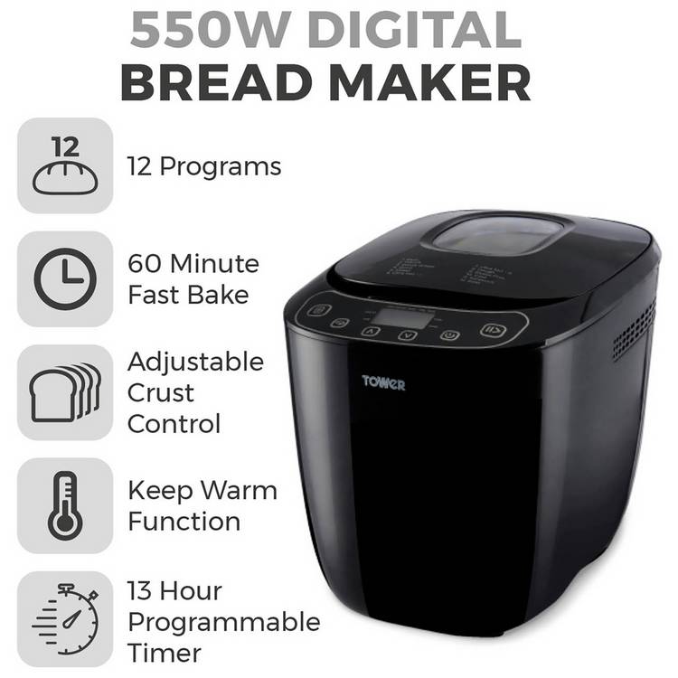 Tower digital breadmaker 1kg black, imported from the UK