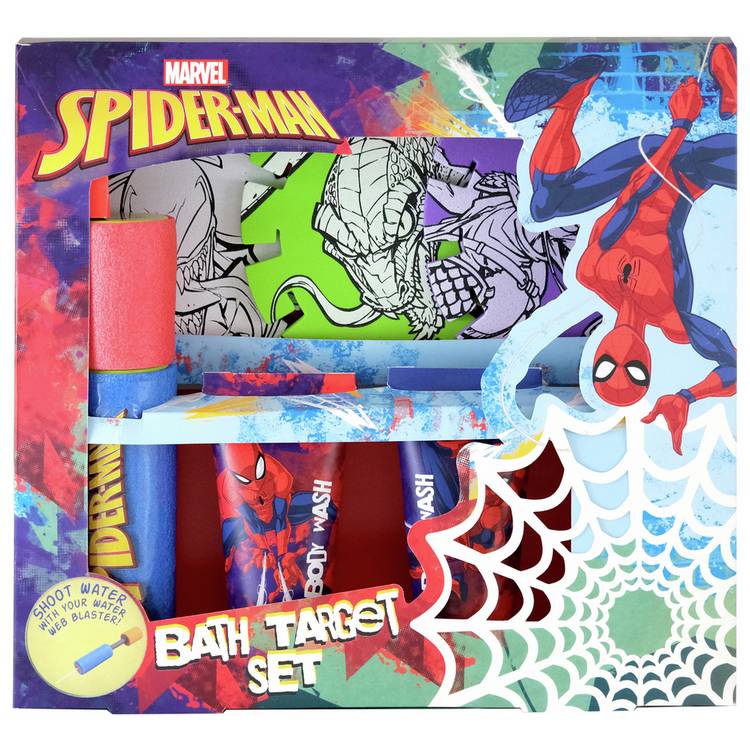 Marvel Spider-Man bath time playset with water blaster and foam targets, imported from the UK