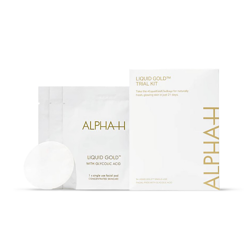 Alpha-H Liquid Gold trial kit with 9 pre-soaked pads, imported from the UK
