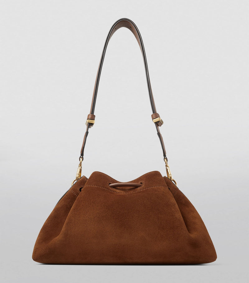 Jimmy Choo medium cinch suede shoulder bag, imported from the UK