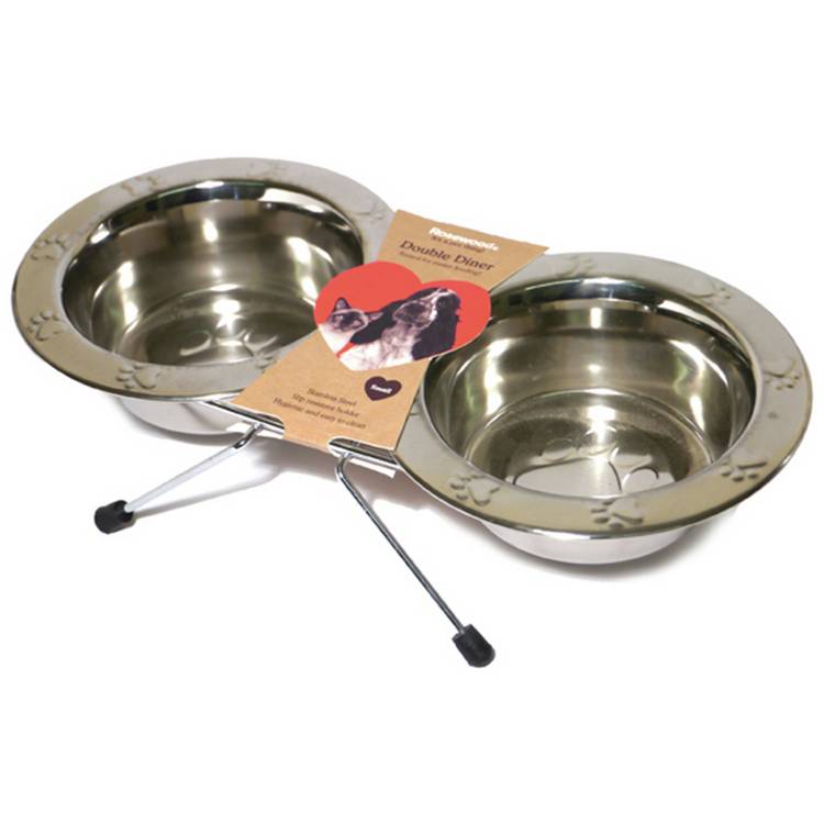 Rosewood Paw Double Diner small stainless steel pet bowl, imported from the UK
