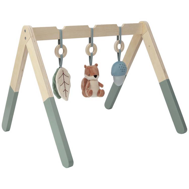 Cuggl wooden play arch with plush toys, imported from the UK