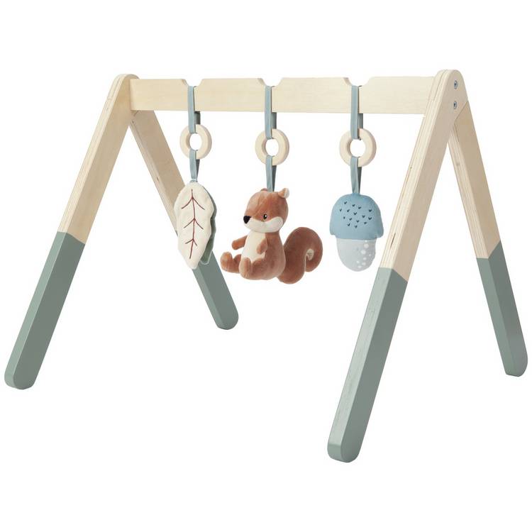 Cuggl wooden play arch with plush toys, imported from the UK