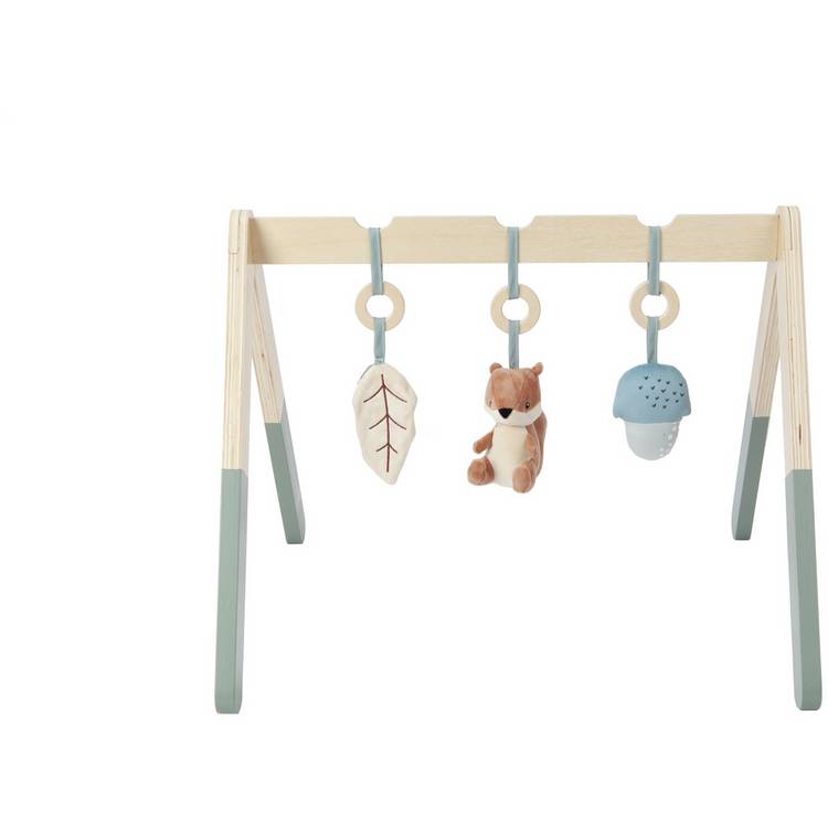Cuggl wooden play arch with plush toys, imported from the UK