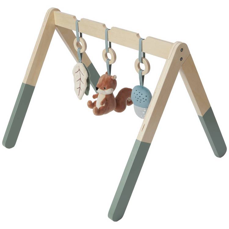Cuggl wooden play arch with plush toys, imported from the UK