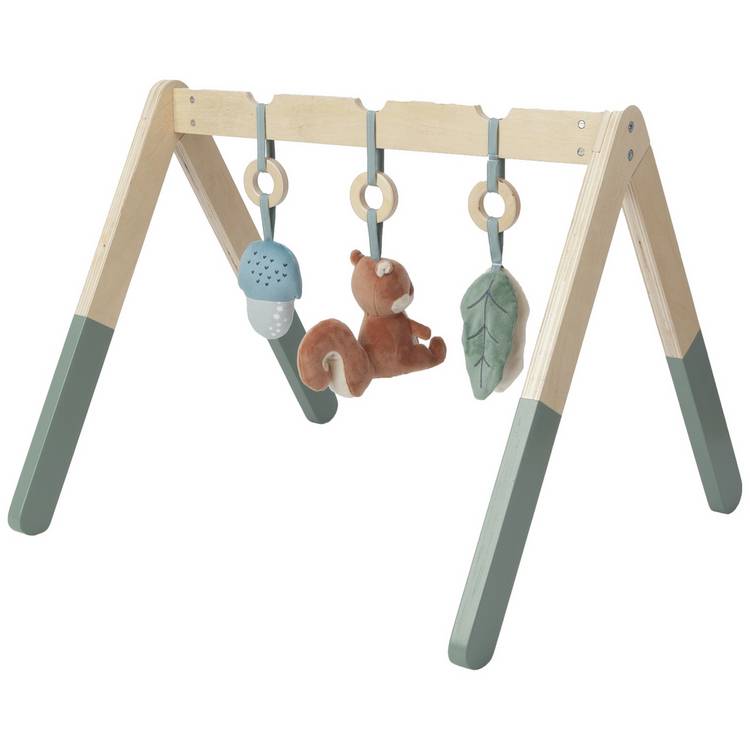 Cuggl wooden play arch with plush toys, imported from the UK