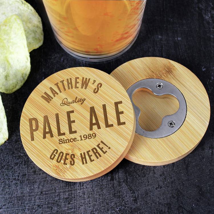 Personalised bamboo coaster with bottle opener (British brand)