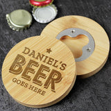 Personalised Beer Goes Here bamboo coaster bottle opener (British brand)