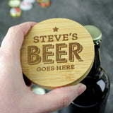 Personalised Beer Goes Here bamboo coaster bottle opener (British brand)