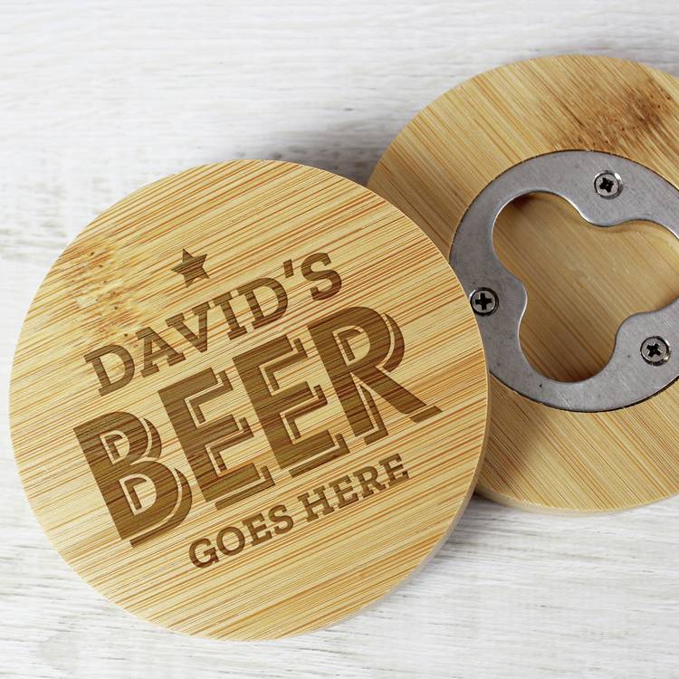 Personalised Beer Goes Here bamboo coaster bottle opener (British brand)
