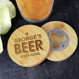 Personalised Beer Goes Here bamboo coaster bottle opener (British brand)