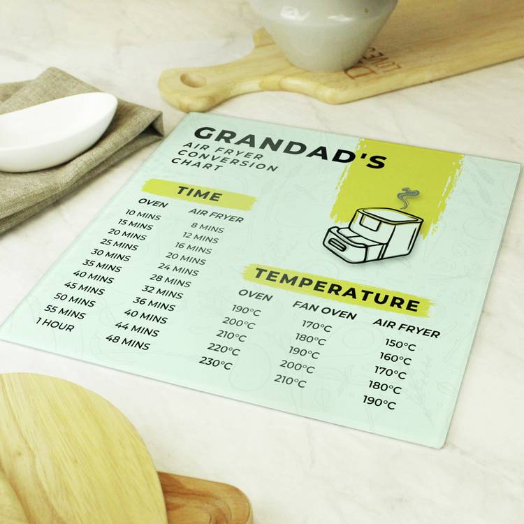 Personalised glass chopping board with air fryer chart (British brand)