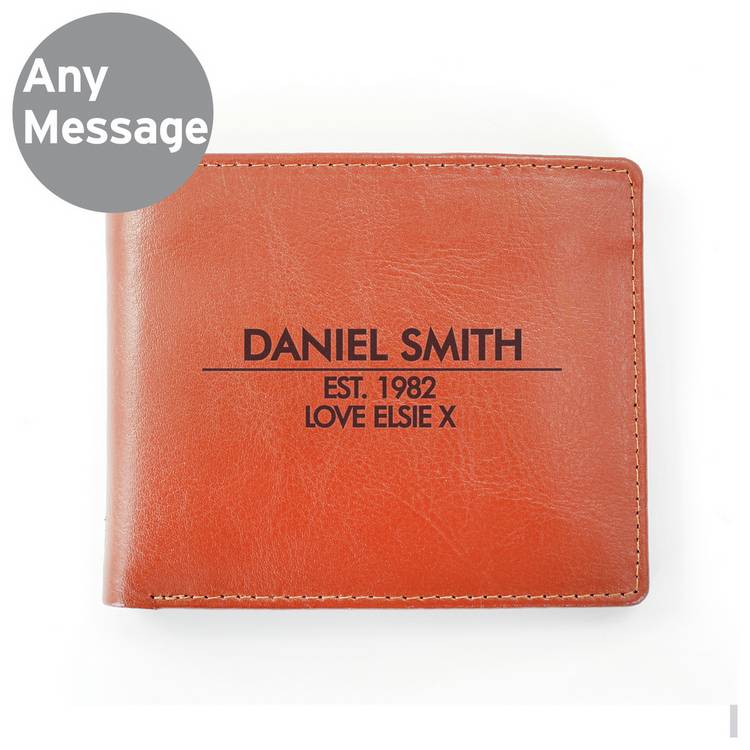 Personalised classic tan leather wallet, imported from the UK
